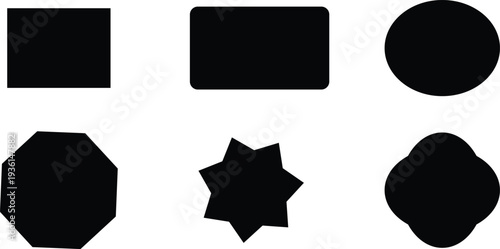 Six black geometric shapes on white background square