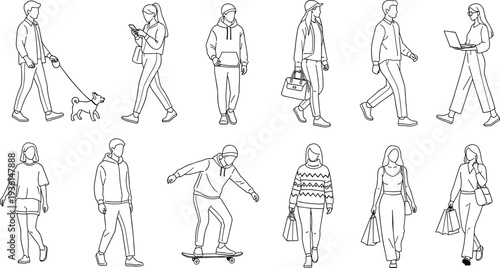 People walking line art characters set including man woman skateboarder dog walker shopper and laptop user vector illustration collection