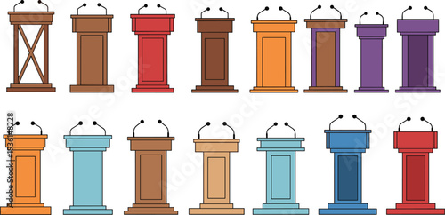 Podium lectern set, speech podium with microphones collection, conference debate stage stand icons, presentation tribune vector illustration