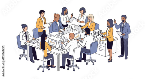 Office Workers Collaborating at Desks and Standing.