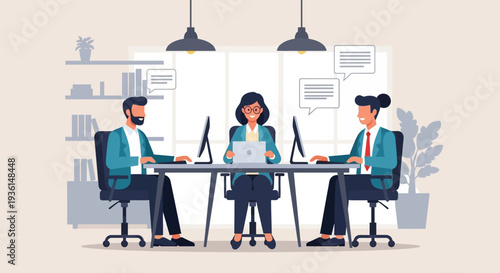 Three Professionals Working Together at Desk.