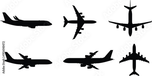 Airplane silhouette collection commercial passenger aircraft top side front views isolated black aviation vector set