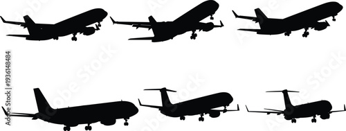 Airplane silhouette collection in flight, commercial passenger aircraft landing and takeoff isolated on white background vector illustration