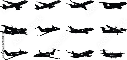 Airplane silhouette collection featuring commercial jet, private aircraft and turboprop planes, aviation transportation vector set isolated on white