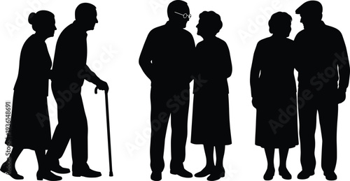 Elderly couple silhouettes walking and talking together, senior man with cane and woman, retirement life companionship concept illustration