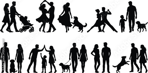 Family silhouettes collection couples parents children with dog walking dancing happy family lifestyle black silhouette isolated on white background