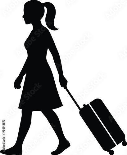 Woman traveler walking with rolling suitcase silhouette, female tourist journey concept, vacation travel lifestyle illustration isolated
