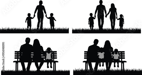 Family silhouettes collection, parents and children walking sitting together, park lifestyle scenes, love care bonding moments, black silhouette illustration set