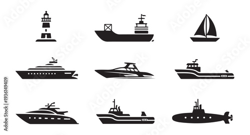 Set of black and white marine icons including a lighthouse, ships, and a sailboat