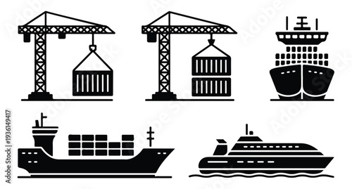 Modern container ship and gantry crane silhouettes for maritime logistics and port services