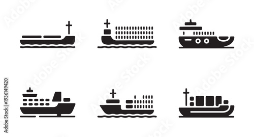 Set of black and white shipping vessel icons with various cargo and cruise ships depicted