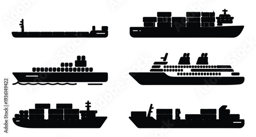 Set of black and white cargo ship icons including various container and freight vessels