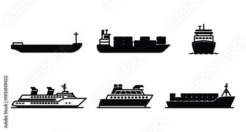 Various cargo ships and ferries illustrated for marine transport and international trade business