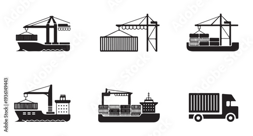 Container ships and trucks in port with cranes for global freight logistics and shipping services