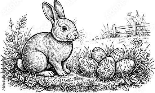 Easter Bunny and Decorative Eggs in Meadow Engraving Art for Egg Hunt Activities, Spring Holiday Cards, Children's Books, and Coloring Pages