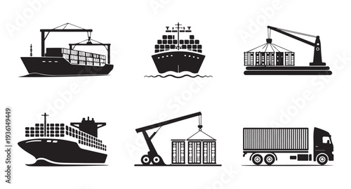 Industrial maritime transport icons set with container ships cranes and heavy cargo truck