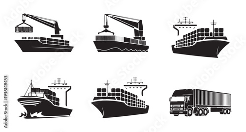Container vessels and trucks showcasing global shipping and logistics network operations