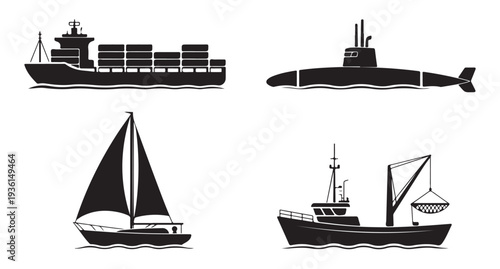Marine boat silhouettes featuring freight carrier submarine sailboat and commercial trawler