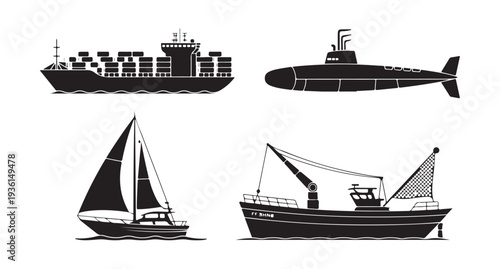 Set of maritime transport silhouettes with container vessel submarine yacht and fish boat