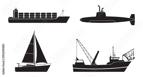 Black silhouette collection of cargo ship submarine sailing yacht and industrial fish boat