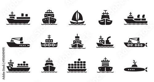 Set of cargo ships transportation icons. collection of boats and submarine signs