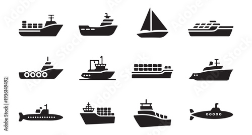 Set of cargo ships transportation icons. collection of boats and submarine signs