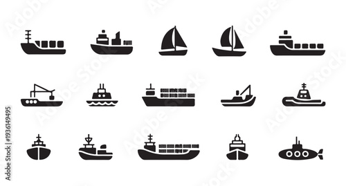 Set of cargo ships transportation icons. collection of boats and submarine signs