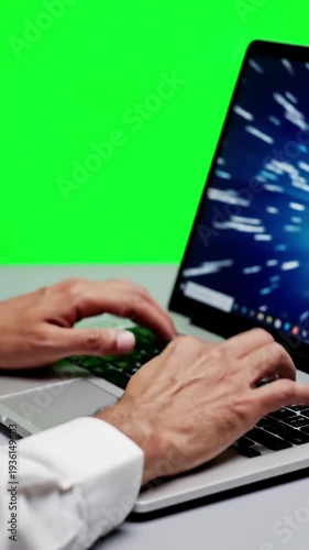 Wallpaper Mural Overhead Laptop Typing with on a distortion, green screen overlay, glitch, static noise, scan lines black background, 4k animated video loop Torontodigital.ca