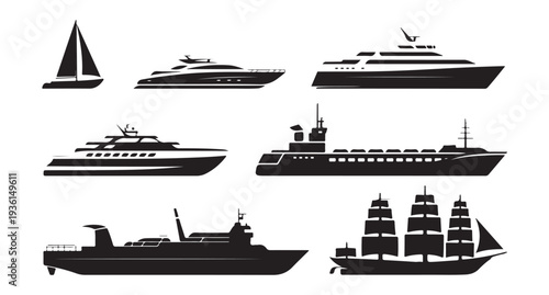 Black silhouette collection of historic sailing ships and modern luxury yachts on white
