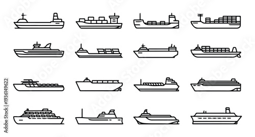 Industrial ship outline icons for maritime trade and heavy freight transportation services