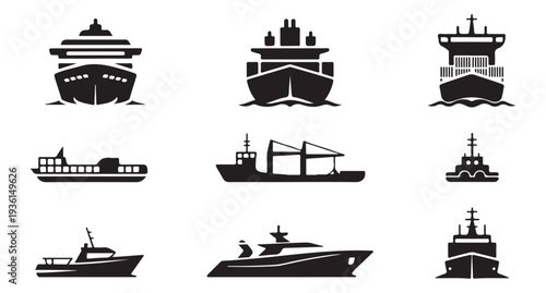 Set of black and white boat icons, including cruise ships, cargo ships, and speedboats