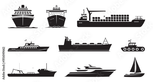 Set of black boat and ship icons including a sailing ship, cargo vessel, and passenger cruiser