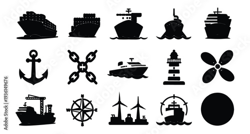 Set of black icons related to ships and marine life including boats, anchors, and lighthouses