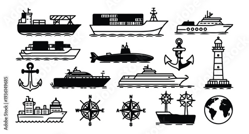Collection of black icons featuring various ships, nautical instruments, and marine symbols