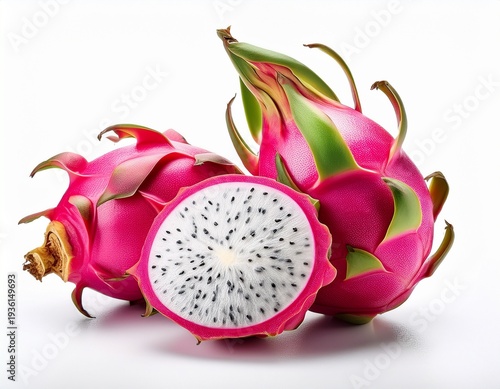 whole and sliced dragon fruit on white background