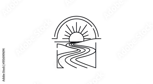 Abstract sunrise over winding road symbol