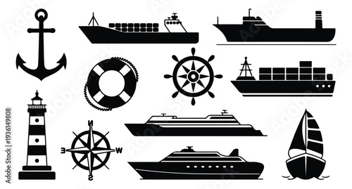 Maritime silhouette elements including cruise ships sailboats and nautical safety symbols