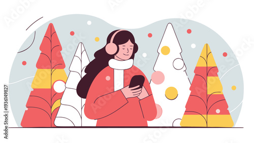 A woman wearing earmuffs and a red winter coat stands outdoors texting on her smartphone among stylized colorful pine trees and falling snow.