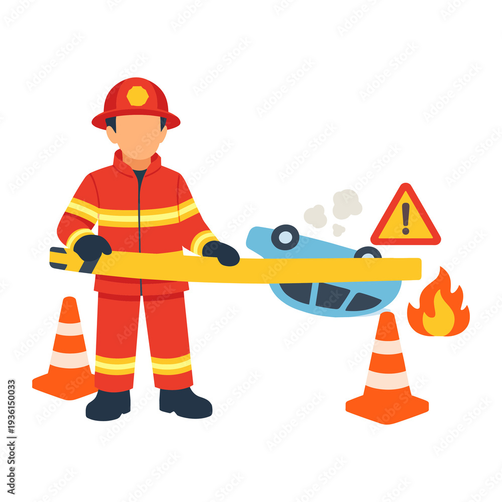 Fototapeta premium Firefighter extinguishing car fire flat vector illustration