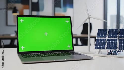 Wallpaper Mural Sustainable Technology Integration with close up of green screen laptop and wind turbine on the table next to solar cell at office distortion, overlay, glitch, static noise, scan lines black Torontodigital.ca