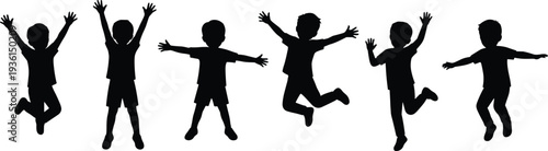 Happy children jumping silhouettes with raised hands playful kids activity isolated on white background childhood joy illustration set