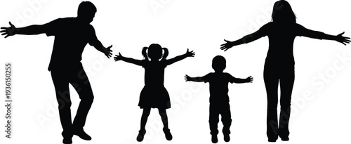 Happy family silhouettes parents and children with open arms isolated on white background love parenting lifestyle illustration concept