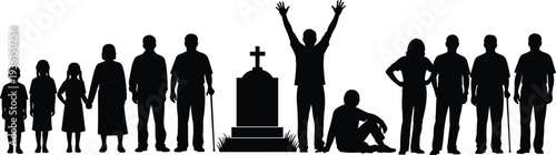 Human life stages silhouette with grave showing cycle of life, childhood, adulthood, aging and death concept illustration