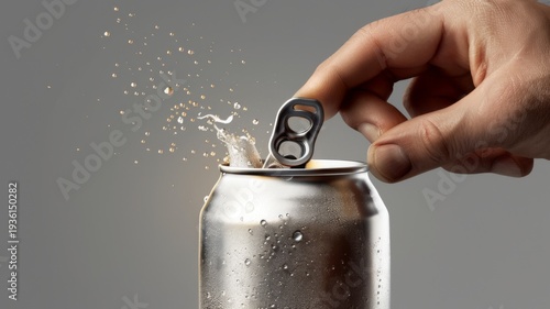Hand Opening a Chilled Beverage Can with Splashing Liquid