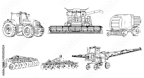 Set of 6 detailed line art vector illustrations depicting various agricultural farm machinery and equipment, including a tractor, combine harvester, baler, seeder, plow, and sprayer