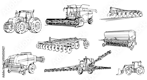 Set of 8 detailed black and white agricultural machinery vector illustrations including tractor, combine harvester, plow, seeder, sprayer, and baler for farming and agriculture design projects