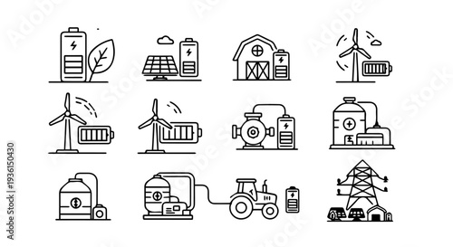 Set of 12 black line vector icons depicting sustainable energy solutions, including solar panels, wind turbines, batteries, and agricultural power generation for eco-friendly projects. isolated