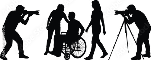 Photographer capturing disabled person in wheelchair with assistant and model silhouette, professional photography concept illustration