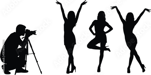 Photographer taking pictures of fashion model silhouettes, professional photoshoot poses, glamour photography and modeling concept illustration