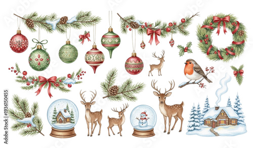 A festive Christmas illustration featuring ornaments, reindeer, and snow globes